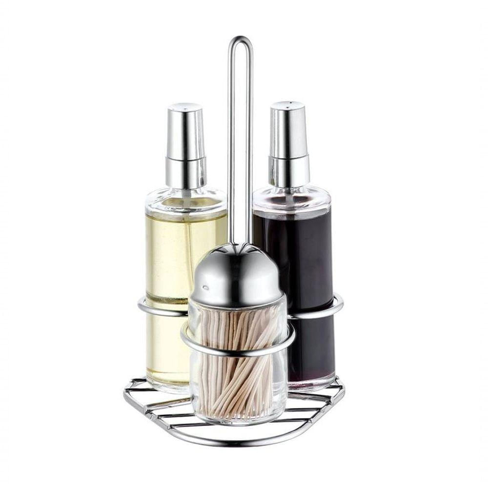 Galheteiro De Vidro Spray Base Inox Kit 4 Peças Paliteiro