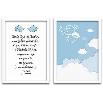 Quadros Decorativos 2 Pçs 40x60cm Menino Anjo Moldura Branca