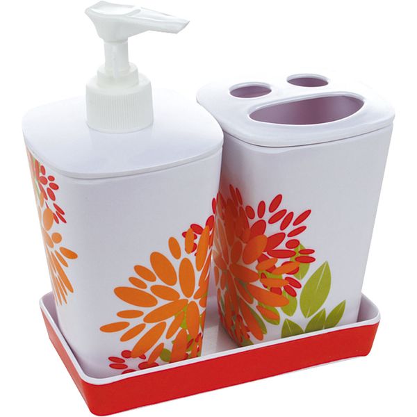 Kit para Banheiro 3 Peças Melamina Flores Verde/Vermelho