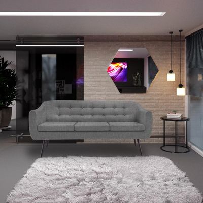 Sofá Decorativo 3 Lugares Pés Palito Cuddle Linho Cinza - Gran Belo