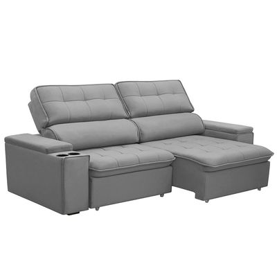 Sofá Retrátil e Reclinável 4 Lugares 250cm Zoho Porta Copos no Braço Veludo Cinza G22 - Gran Belo