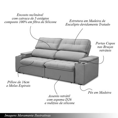Sofá Retrátil e Reclinável 4 Lugares 250cm Zoho Porta Copos no Braço Veludo Cinza G22 - Gran Belo