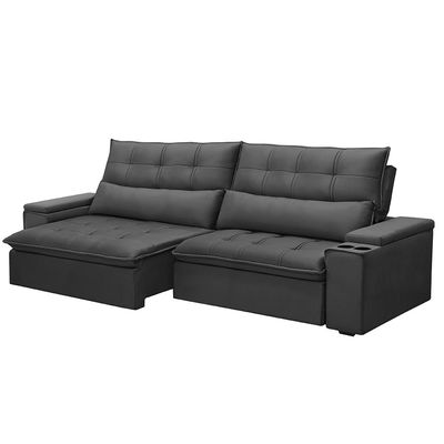 Sofá Retrátil e Reclinável 3 Lugares 210cm Robem Porta Copos no Braço Veludo Grafite G22 - Gran Belo