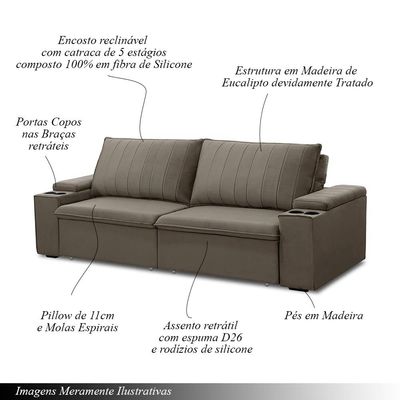 Sofá Retrátil e Reclinável 3 Lugares 225cm Kent Porta Copos no Braço Veludo Castor G22 - Gran Belo