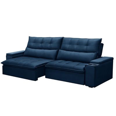 Sofá Retrátil e Reclinável 3 Lugares 210cm Robem Porta Copos no Braço Veludo Azul G22 - Gran Belo