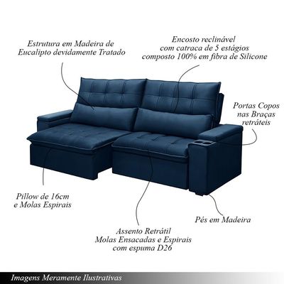 Sofá Retrátil e Reclinável 3 Lugares 210cm Robem Porta Copos no Braço Veludo Azul G22 - Gran Belo