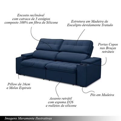 Sofá Retrátil e Reclinável 4 Lugares 250cm Zoho Porta Copos no Braço Veludo Azul G22 - Gran Belo