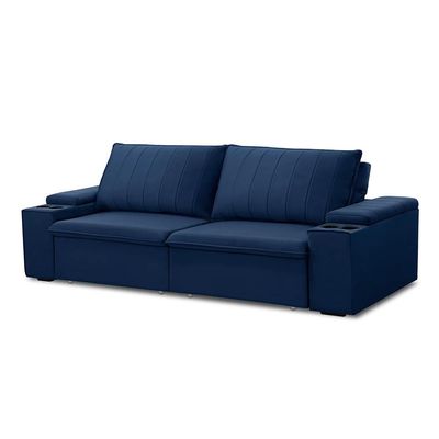 Sofá Retrátil e Reclinável 2 Lugares 205CM Kent Porta Copos no Braço Veludo Azul G22 - Gran Belo