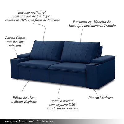 Sofá Retrátil e Reclinável 4 Lugares 245cm Kent Porta Copos no Braço Veludo Azul G22 - Gran Belo