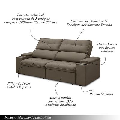Sofá Retrátil e Reclinável 4 Lugares 250cm Zoho Porta Copos no Braço Veludo Castor G22 - Gran Belo