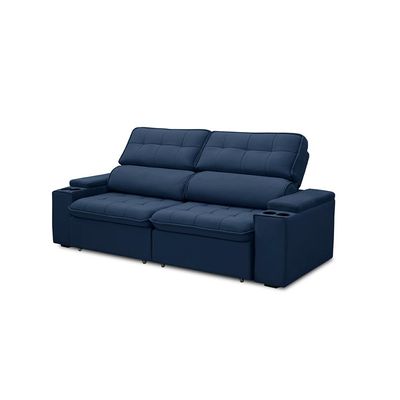 Sofá Retrátil e Reclinável 4 Lugares 250cm Zoho Porta Copos no Braço Veludo Azul G22 - Gran Belo