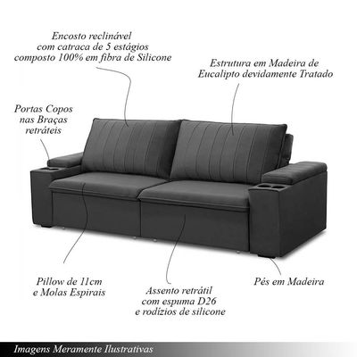 Sofá Retrátil e Reclinável 3 Lugares 225cm Kent Porta Copos no Braço Veludo Grafite G22 - Gran Belo