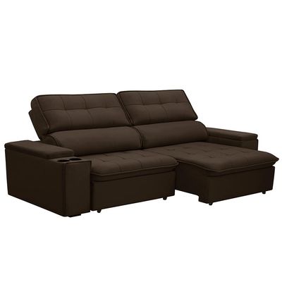 Sofá Retrátil e Reclinável 3 Lugares 230cm Zoho Porta Copos no Braço Veludo Marrom G22 - Gran Belo