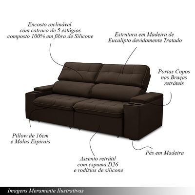 Sofá Retrátil e Reclinável 3 Lugares 230cm Zoho Porta Copos no Braço Veludo Marrom G22 - Gran Belo
