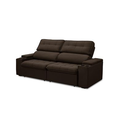 Sofá Retrátil e Reclinável 3 Lugares 230cm Zoho Porta Copos no Braço Veludo Marrom G22 - Gran Belo