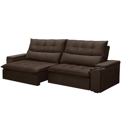 Sofá Retrátil e Reclinável 4 Lugares 250cm Robem Porta Copos no Braço Veludo Marrom G22 - Gran Belo
