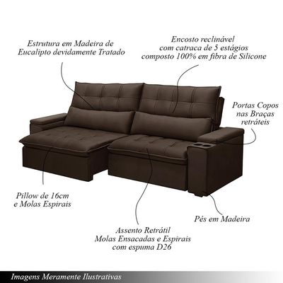 Sofá Retrátil e Reclinável 4 Lugares 250cm Robem Porta Copos no Braço Veludo Marrom G22 - Gran Belo