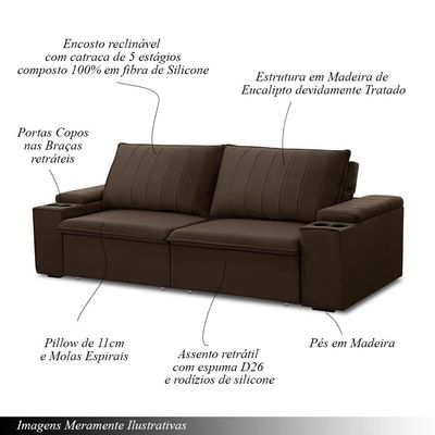Sofá Retrátil e Reclinável 4 Lugares 245cm Kent Porta Copos no Braço Veludo Marrom G22 - Gran Belo