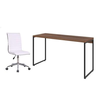 Conjunto de Mesa Studio Nogal 135 cm com Cadeira de Escritório Secretária Giratória Marilyn Branca