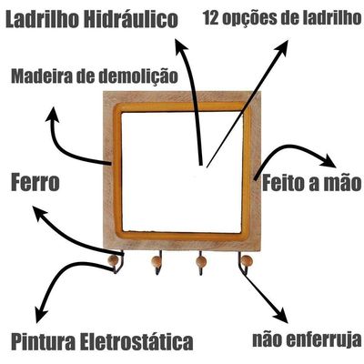 Cabideiro Em Madeira Com Ladrilho Hidráulico Porta Chaves Roupas Bolsas Ladrilho B2