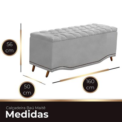 Calçadeira Baú Queen Estofada Maitê Veludo Cinza