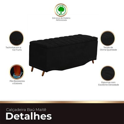 Calçadeira Baú King Size Estofada Maitê Veludo Preto