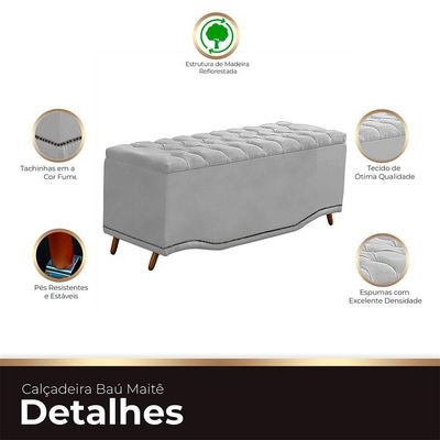 Calçadeira Baú Queen Estofada Maitê Veludo Cinza