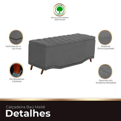 Calçadeira Baú King Size Estofada Maitê Veludo Cinza Escuro