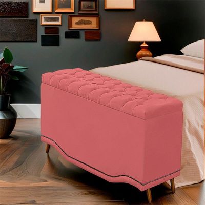 Calçadeira Baú Casal Estofada Maitê Veludo Cor Rose