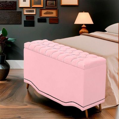 Calçadeira Baú Casal Estofada Maitê Veludo Cor Rosa Bebe