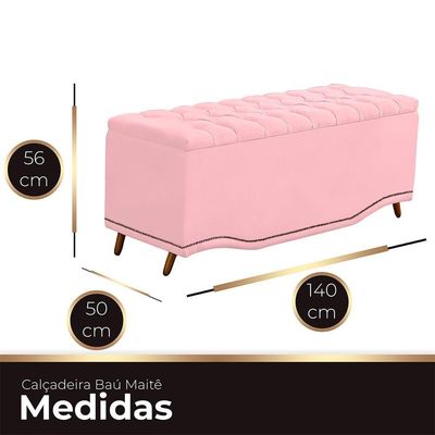 Calçadeira Baú Casal Estofada Maitê Veludo Cor Rosa Bebe