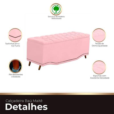 Calçadeira Baú Casal Estofada Maitê Veludo Cor Rosa Bebe
