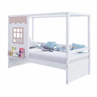 Cama Casinha Reta Madeira Maciça Branco- Rosa Housin