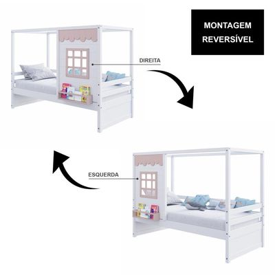 Cama Casinha Reta Madeira Maciça Branco- Rosa Housin