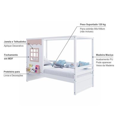 Cama Casinha Reta Madeira Maciça Branco- Rosa Housin