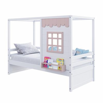 Cama Casinha Reta Madeira Maciça Branco- Rosa Housin