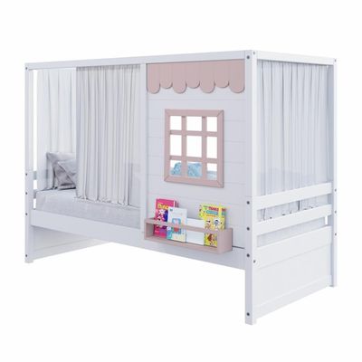 Cama Casinha Reta Com Cortina Madeira Maciça Branco- Rosa Housin