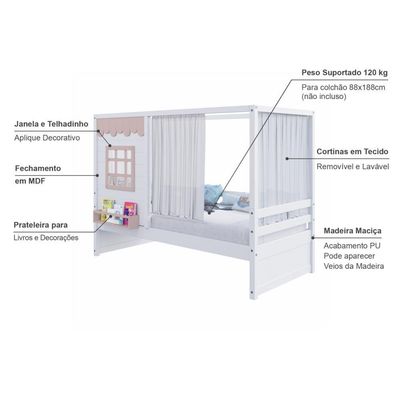 Cama Casinha Reta Com Cortina Madeira Maciça Branco- Rosa Housin