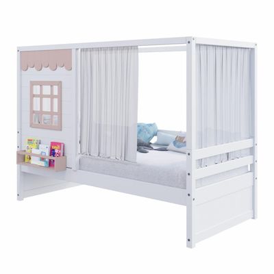 Cama Casinha Reta Com Cortina Madeira Maciça Branco- Rosa Housin