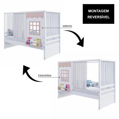 Cama Casinha Reta Com Cortina Madeira Maciça Branco- Rosa Housin