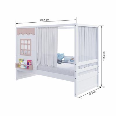 Cama Casinha Reta Com Cortina Madeira Maciça Branco- Rosa Housin