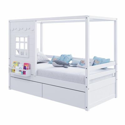 Cama Casinha Reta Com 02 Gavetas Madeira Maciça Branco Housin