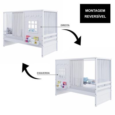 Cama Casinha Reta Com Cortina Madeira Maciça Branco Housin