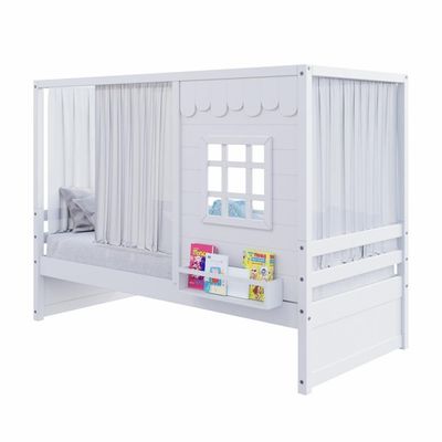 Cama Casinha Reta Com Cortina Madeira Maciça Branco Housin