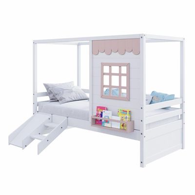 Cama Casinha Reta Com Escorregador Madeira Maciça Branco- Rosa Housin
