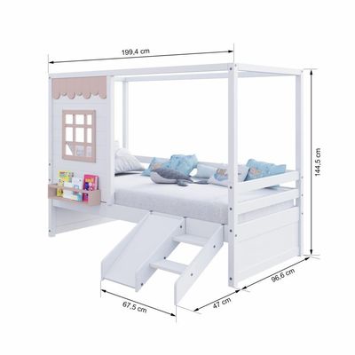 Cama Casinha Reta Com Escorregador Madeira Maciça Branco- Rosa Housin