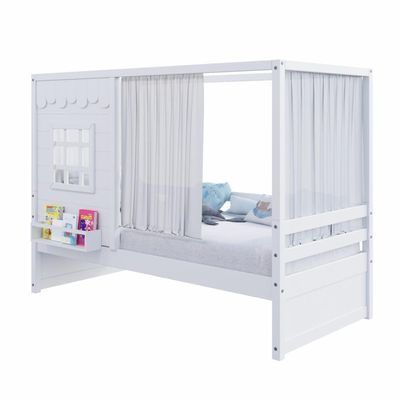 Cama Casinha Reta Com Cortina Madeira Maciça Branco Housin