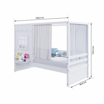 Cama Casinha Reta Com Cortina Madeira Maciça Branco Housin