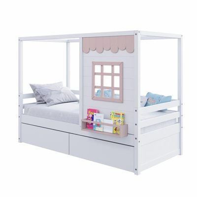 Cama Casinha Reta Com 02 Gavetas Madeira Maciça Branco- Rosa Housin