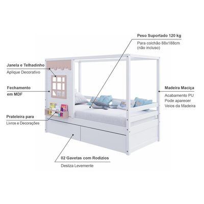 Cama Casinha Reta Com 02 Gavetas Madeira Maciça Branco- Rosa Housin